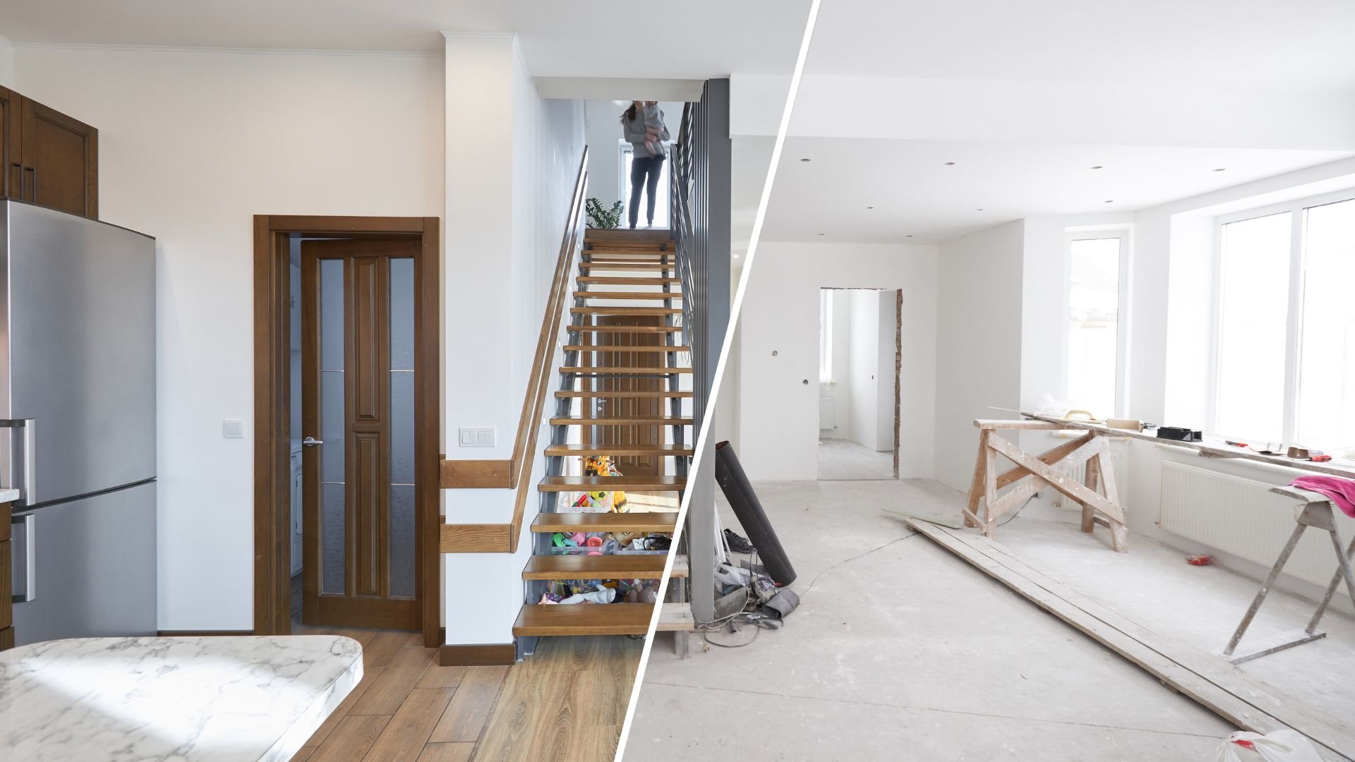 Home renovation before and after, showing interior transformation with stairs